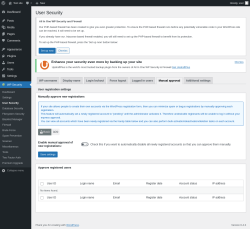 Page screenshot: WP Security &rarr; User Security &rarr; Manual approval