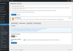 Page screenshot: WP Security &rarr; Filesystem Security &rarr; PHP file editing