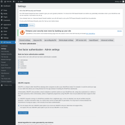 Page screenshot: WP Security &rarr; Settings &rarr; Two factor authentication