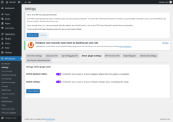 Page screenshot: WP Security &rarr; Settings &rarr; Delete plugin settings