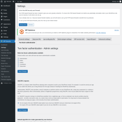 Page screenshot: WP Security &rarr; Settings &rarr; Two factor authentication