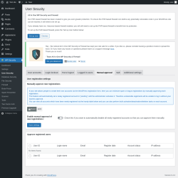 Page screenshot: WP Security &rarr; User Security &rarr; Manual approval