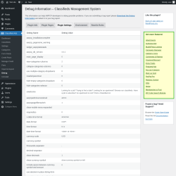Page screenshot: Classified Ads → Debug → 
        Plugin Settings    