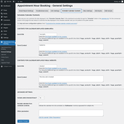 Page screenshot: Appointment Hour Booking &rarr; General Settings &rarr; Schedule Calendar Contents