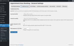 Page screenshot: Appointment Hour Booking &rarr; General Settings &rarr; Troubleshoot Area