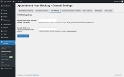 Page screenshot: Appointment Hour Booking &rarr; General Settings &rarr; CSV Settings