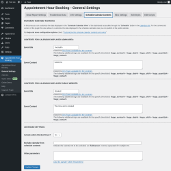 Page screenshot: Appointment Hour Booking &rarr; General Settings &rarr; Schedule Calendar Contents
