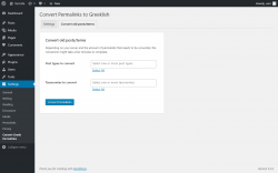 Page screenshot: Settings  → Convert Greek Permalinks → Convert old posts/terms