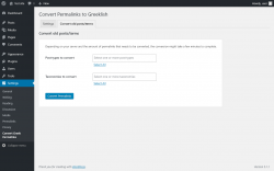 Page screenshot: Settings → Convert Greek Permalinks → 
					Convert old posts/terms				