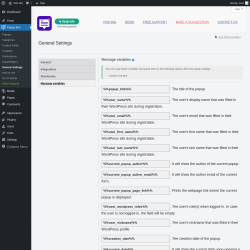 Page screenshot: Popup Box → General Settings → 
                            Message variables                        