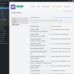 Page screenshot: Popup Box → General Settings → 
                            Message variables                        