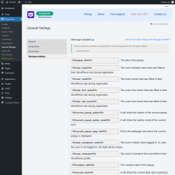 Page screenshot: Popup Box → General Settings → 
                            Message variables                        