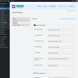 Page screenshot: Popup Box → General Settings → 
                            Shortcodes                        