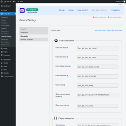 Page screenshot: Popup Box &rarr; General Settings &rarr; 
                            Shortcodes                        