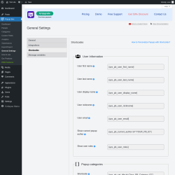 Page screenshot: Popup Box &rarr; General Settings &rarr; 
                            Shortcodes                        