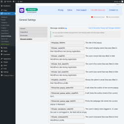 Page screenshot: Popup Box &rarr; General Settings &rarr; 
                            Message variables                        
