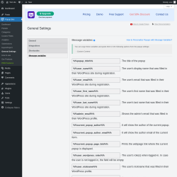 Page screenshot: Popup Box &rarr; General Settings &rarr; 
                            Message variables                        