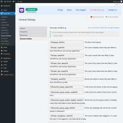 Page screenshot: Popup Box &rarr; General Settings &rarr; 
                            Message variables                        