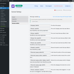 Page screenshot: Popup Box &rarr; General Settings &rarr; 
                            Message variables                        