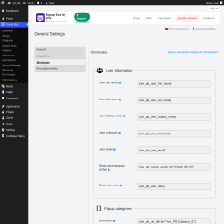 Page screenshot: Popup Box &rarr; General Settings &rarr; 
                            Shortcodes                        