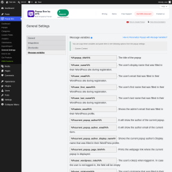 Page screenshot: Popup Box &rarr; General Settings &rarr; 
                            Message variables                        