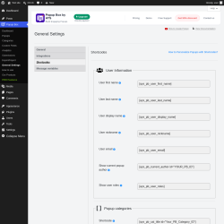 Page screenshot: Popup Box &rarr; General Settings &rarr; 
                            Shortcodes                        