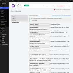 Page screenshot: Popup Box &rarr; General Settings &rarr; 
                            Message variables                        