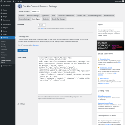 Page screenshot: Settings → Cookie Consent Banner → Im & Export