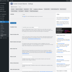 Page screenshot: Settings → Cookie Consent Banner → Compliance & Behaviour