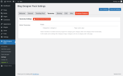 Page screenshot: Blog Designer Pack → Settings → Taxonomy