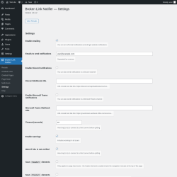 Page screenshot: Broken Link Notifier &rarr; Settings