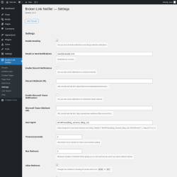 Page screenshot: Broken Link Notifier &rarr; Settings