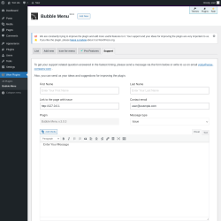 Page screenshot: Wow Plugins → Bubble Menu → Support