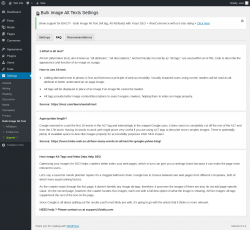 Page screenshot: Settings → Bulk Image Alt Text → FAQ