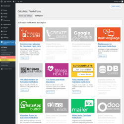 Page screenshot: Settings → Calculated Fields Form → Marketplace
