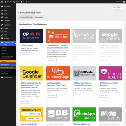 Page screenshot: Settings &rarr; Calculated Fields Form &rarr; Marketplace