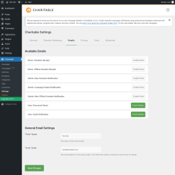 Page screenshot: Charitable → Settings → Emails