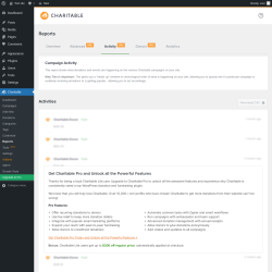 Page screenshot: Charitable → Reports → Activity