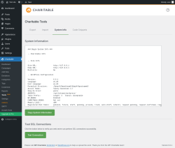Page screenshot: Charitable → Tools  NEW! → System Info