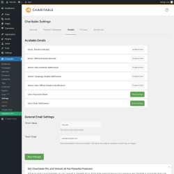 Page screenshot: Charitable → Settings → Emails