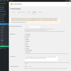 Page screenshot: Charitable → Settings → Privacy