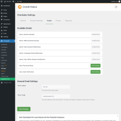 Page screenshot: Charitable → Settings → Emails