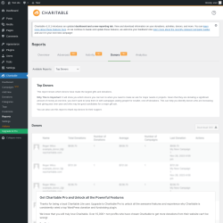 Page screenshot: Charitable → Reports → Donors