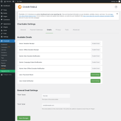 Page screenshot: Charitable → Settings → Emails