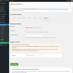Page screenshot: Charitable → Settings → Advanced