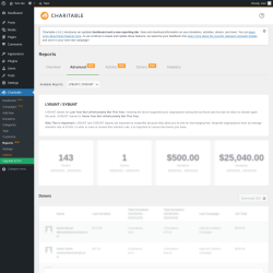 Page screenshot: Charitable → Reports  NEW! → Advanced