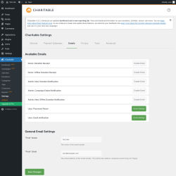 Page screenshot: Charitable → Settings → Emails