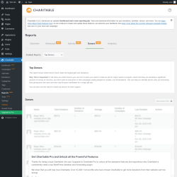 Page screenshot: Charitable → Reports  NEW! → Donors