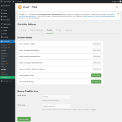 Page screenshot: Charitable → Settings → Emails