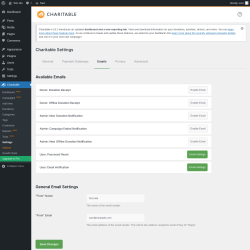 Page screenshot: Charitable → Settings → Emails